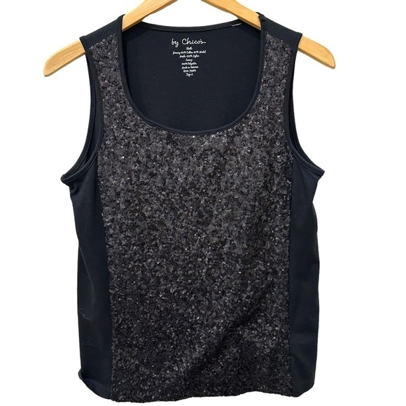 Chico's Size 0 US Small Black Sequin Tank Top Shell‎ Sleeveless Cotton Modal - Picture 1 of 5